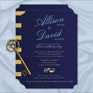 Convites Marinho Azul Dourado Stripes Moderno Casamento