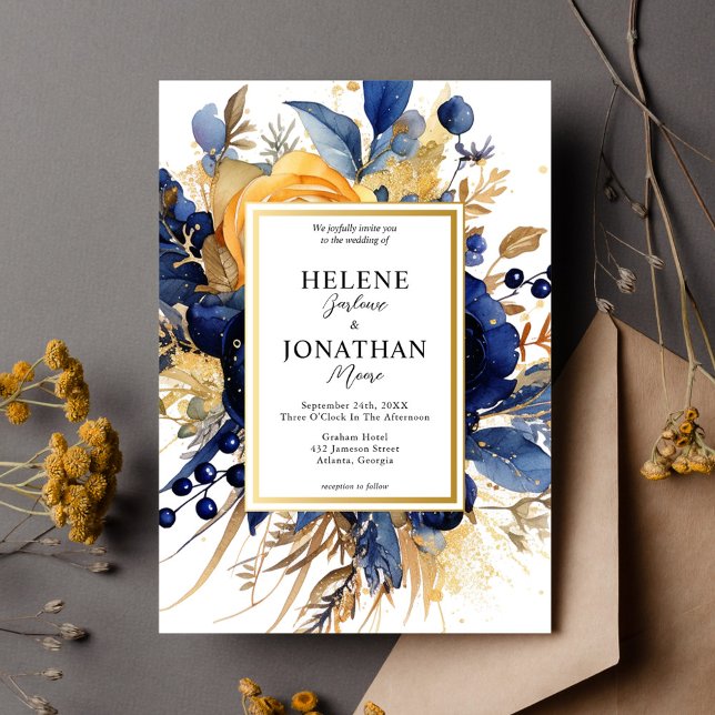 Convites Marinho Azul Dourado Terracotta Casamento Elegante (Navy Blue Gold Terracotta Floral Elegant Wedding Invitation)