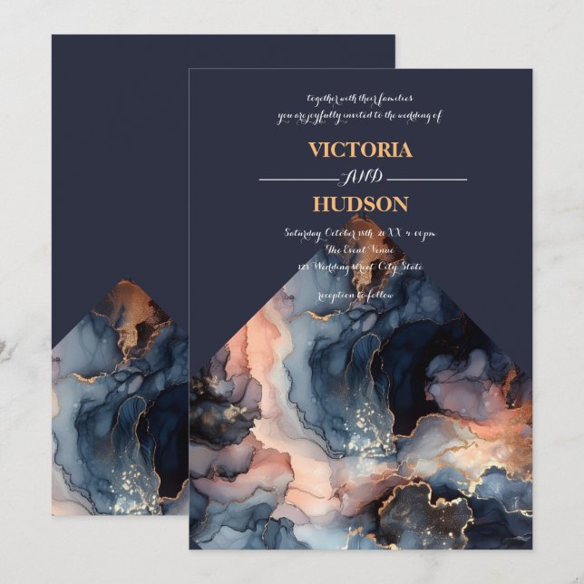 Convites Marinho Azul e Agate Marble Dourado (Frente/Verso)