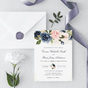 Convites marinho azul e blush d'água cor floral casamento