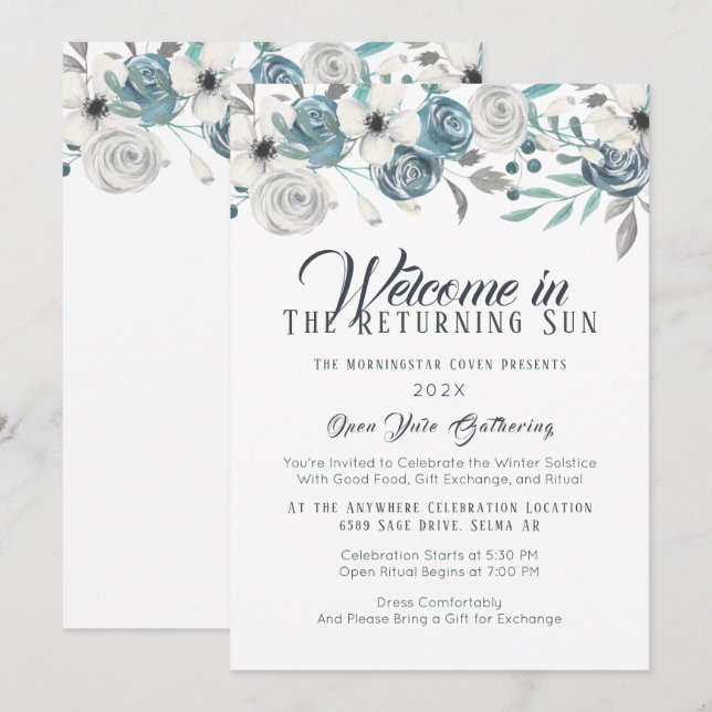 Convites Marinho Azul e Branco Floral Yule Solstício de inv (Frente/Verso)