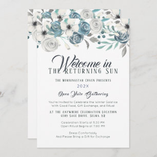 Convites Marinho Azul e Branco Floral Yule Solstício de inv
