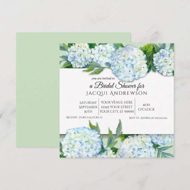 Convites Marinho Azul e Branco Hydrangea Chá de panela Flor (Frente/Verso)