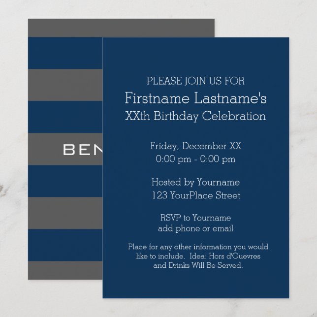 Convites Marinho Azul e Cinza Rúgios de Rugby com Nome Pers (Frente/Verso)