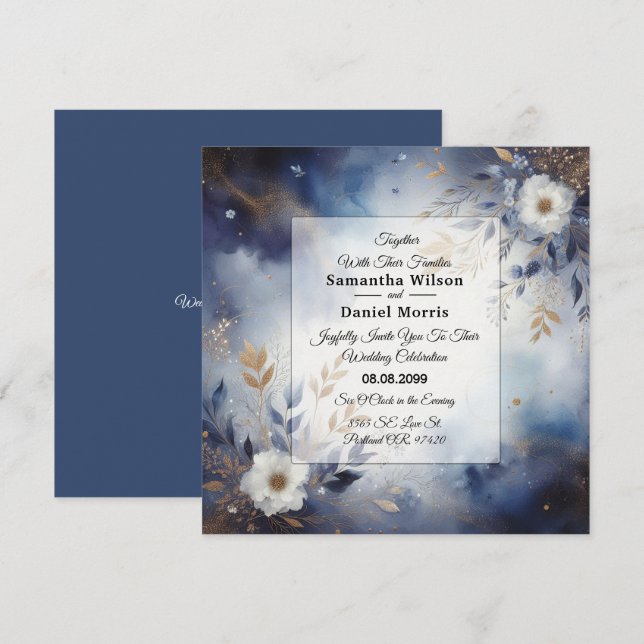 Convites Marinho Azul e Dourado Casamento Floral (Frente/Verso)