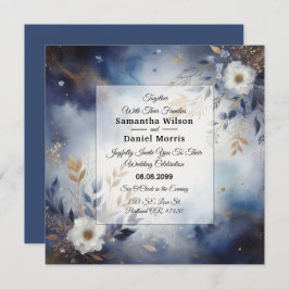 Convites Marinho Azul e Dourado Casamento Floral