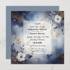 Convites Marinho Azul e Dourado Casamento Floral