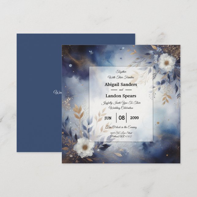 Convites Marinho Azul e Dourado Casamento Floral (Frente/Verso)