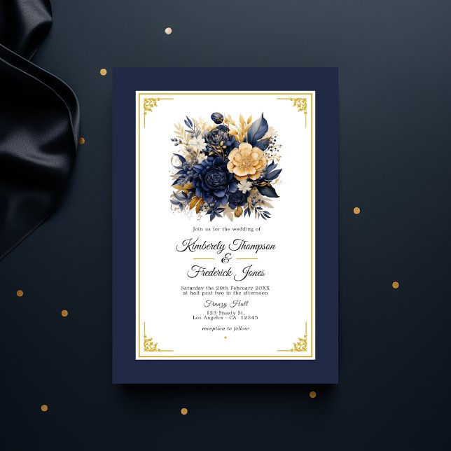 Convites Marinho Azul e Dourado Casamento Floral (Navy and Gold Floral Wedding)