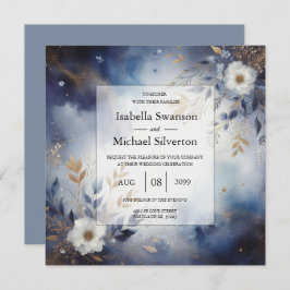 Convites Marinho Azul e Dourado Casamento Floral