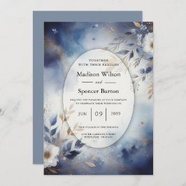 Convites Marinho Azul e Dourado Casamento Floral