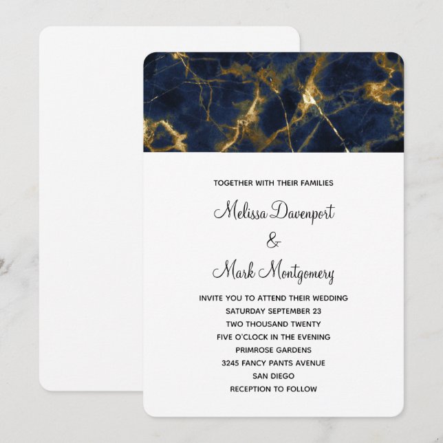 Convites Marinho Azul e Dourado Marble Modern Casamento com (Frente/Verso)