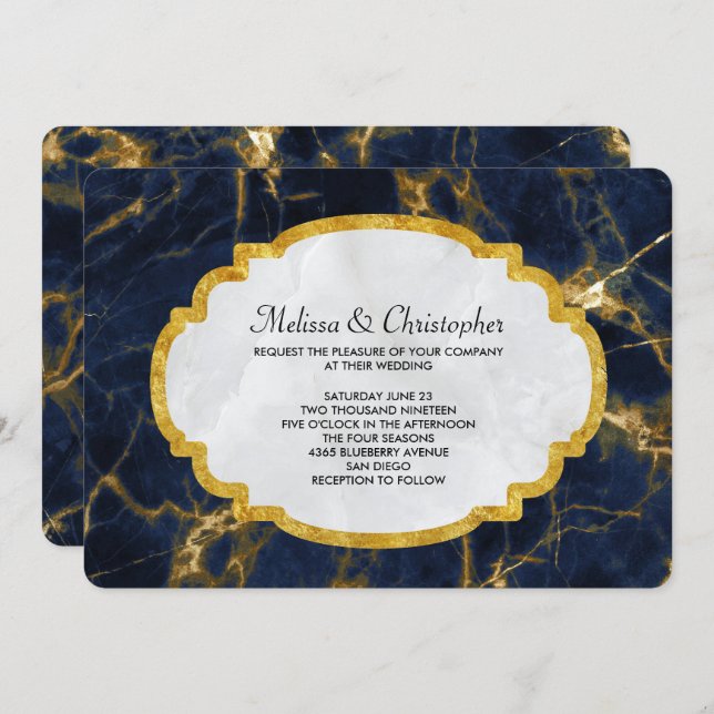 Convites Marinho Azul e Dourado Marble Modern Casamento com (Frente/Verso)
