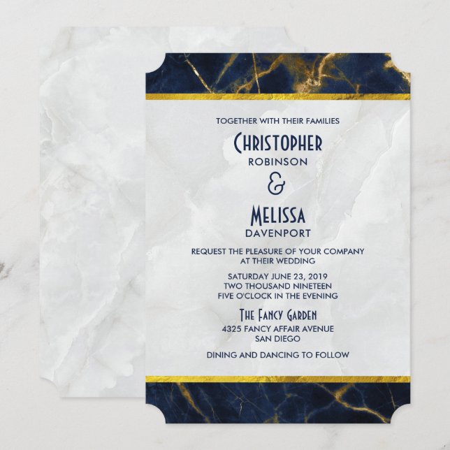 Convites Marinho Azul e Dourado Marble Modern Casamento com (Frente/Verso)