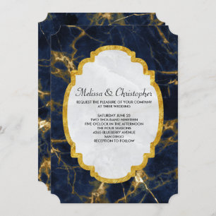 Convites Marinho Azul e Dourado Marble Modern Casamento com