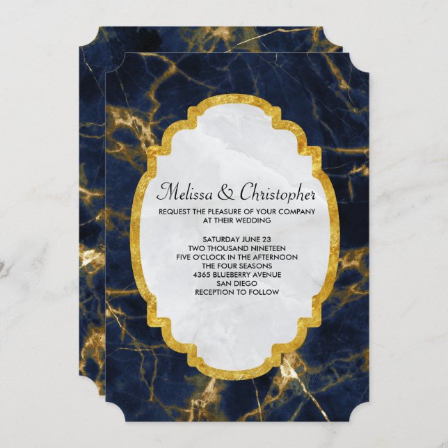 Convites Marinho Azul e Dourado Marble Modern Casamento com (Frente/Verso)