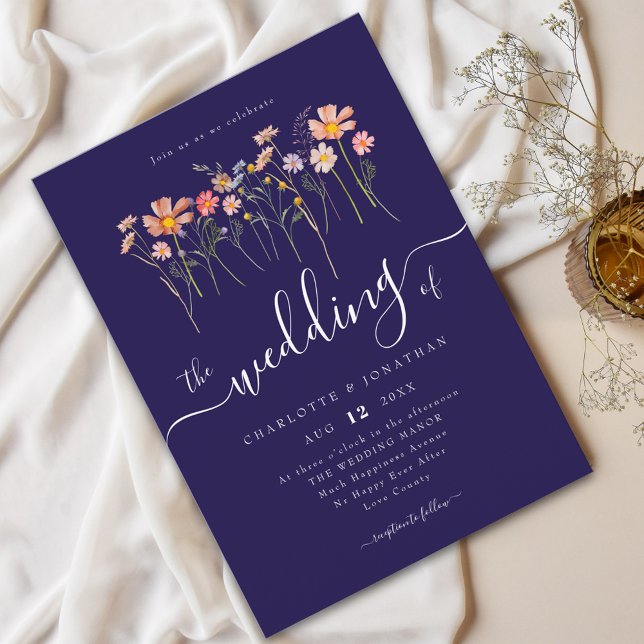 Convites Marinho Azul e Espelho Elegante de Flores Selvagen (Wildflower meadow rustic boho floral navy blue blush pink wedding white elegant modern script)
