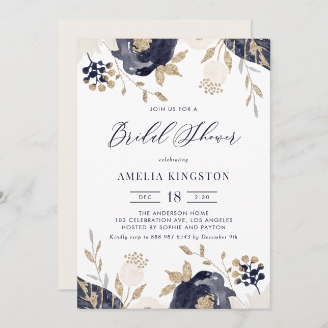 Convites Marinho Azul e Flores de Marfim Chá de panela Dour (Frente/Verso)