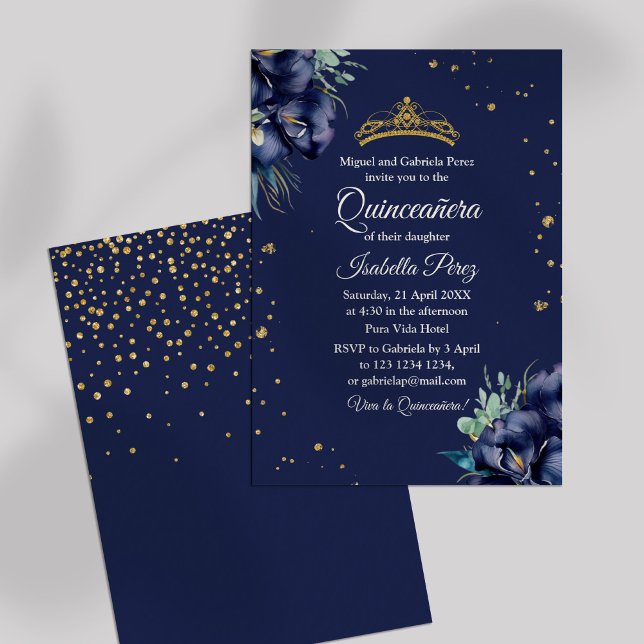 Convites Marinho Azul e Glitter Dourado Tiara Quinceanera (Navy Blue and Gold Glitter Tiara Quinceanera Invitation on off-white background.)