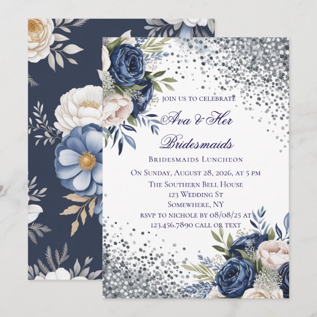 Convites Marinho Azul e Ivory Floral Bridesmaids Luncheon (Frente/Verso)