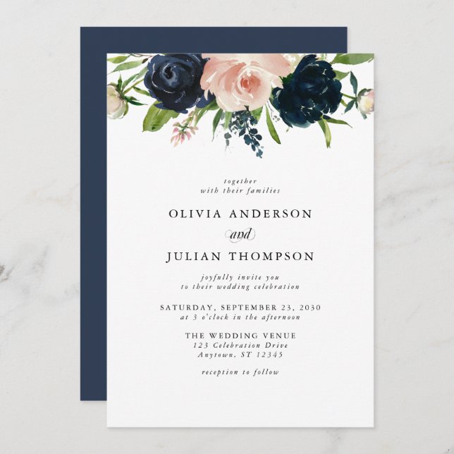 Convites Marinho Azul e Rosa de Blush Casamento Floral de A (Frente/Verso)