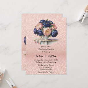 Convites Marinho Azul e Rosa Dourado Casamento Floral