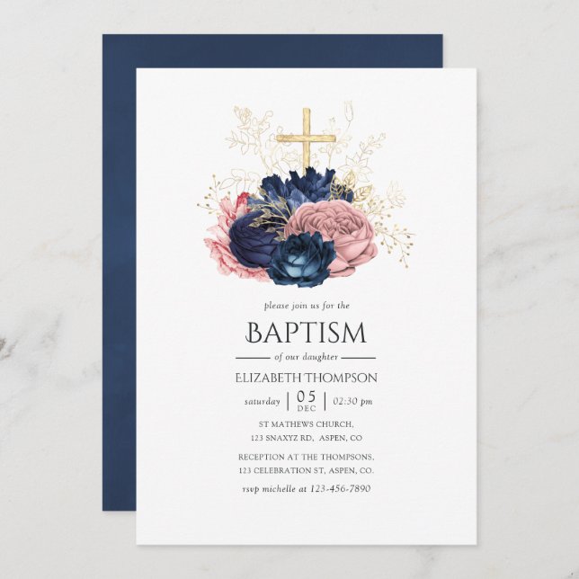 Convites Marinho Azul e Rosas cor-de-rosa pincelados Batism (Frente/Verso)