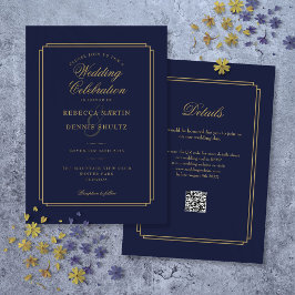 Convites Marinho Azul e Script Dourado Código QR Casamento 