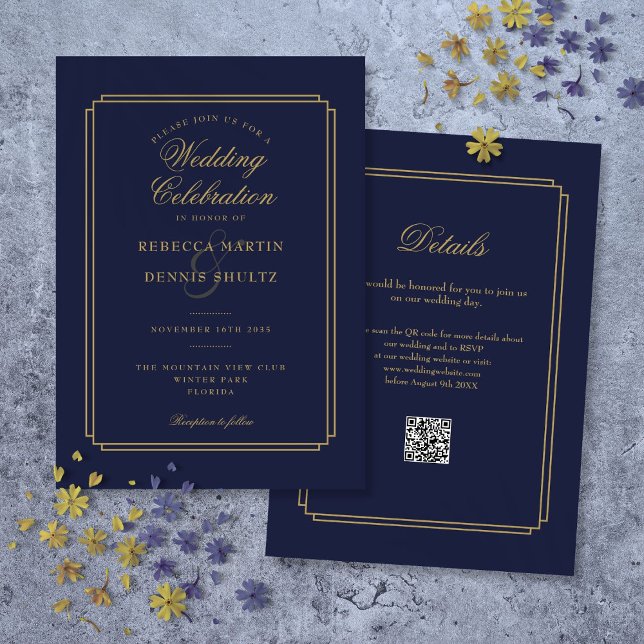 Convites Marinho Azul e Script Dourado Código QR Casamento  (Navy Blue and Gold Script QR Code Art Deco Wedding Invitation)
