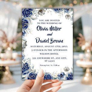 Convites Marinho Azul e Silver Casamento Floral de Marfim m