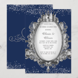Convites Marinho Azul e Silver Frame Glitter Casamento Real