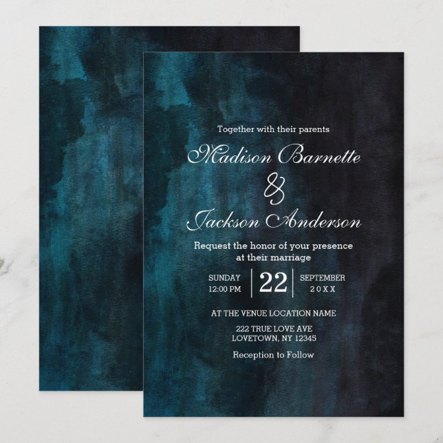 Convites Marinho Azul e Teal Watercolor Casamento (Frente/Verso)