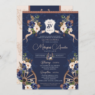 Convites Marinho Azul Elegante Barroco Charra Quinceanera