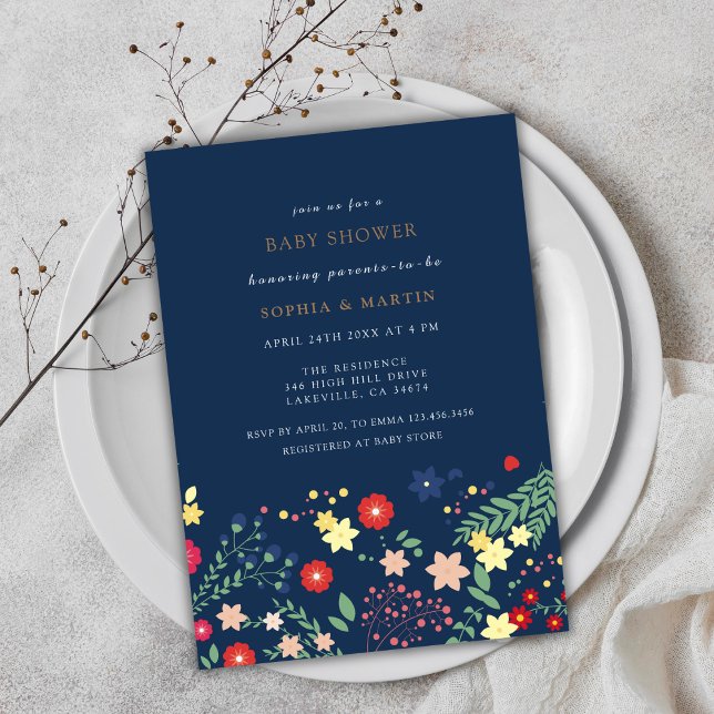 Convites Marinho Azul Elegante Chá de fraldas de flor selva (Navy Blue Elegant Wildflower Baby Shower Invitation)