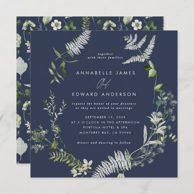 Convites Marinho azul elegante script botânico moderno casa (Frente/Verso)