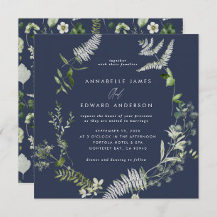 Convites Marinho azul elegante script botânico moderno casa