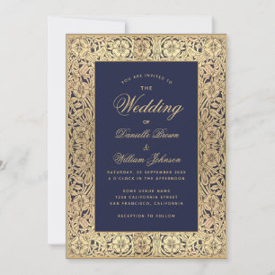Convites Marinho Azul Elegante Vintage Rosas Frame Wedding