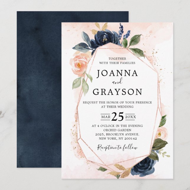 Convites Marinho Azul Escamudo Rosa Rosa Rosa Boho Casament (Frente/Verso)
