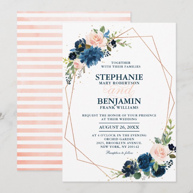 Convites Marinho Azul Escamudo Rosa Rosa Rosa Boho Casament (Frente/Verso)