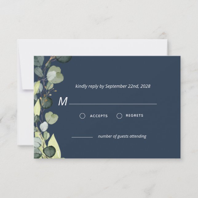 Convites Marinho Azul Eucalyptus Greenery RSVP Simples (Frente)