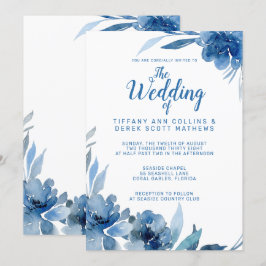 Convites Marinho Azul Floral Aquarela Romântica Casamento