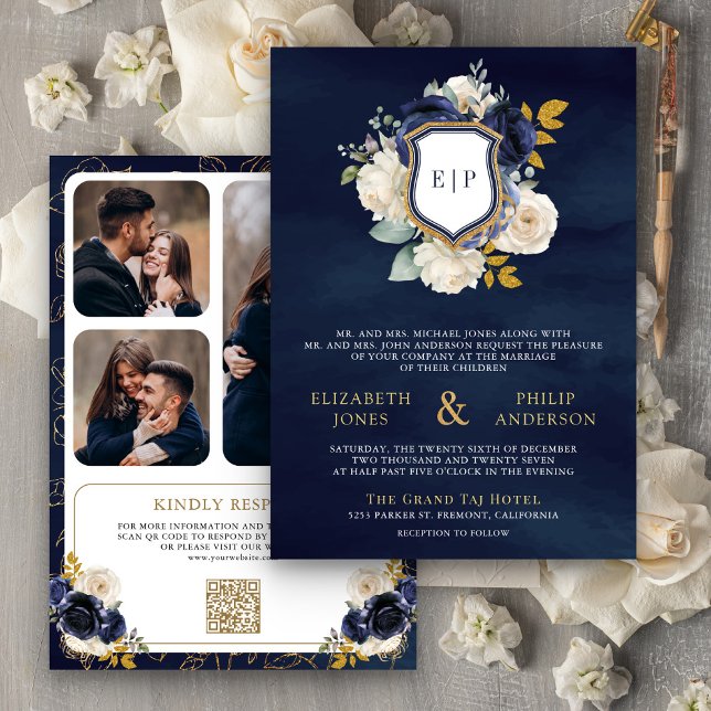 Convites Marinho Azul Floral Código QR Foto Crest Casamento (Criador carregado)