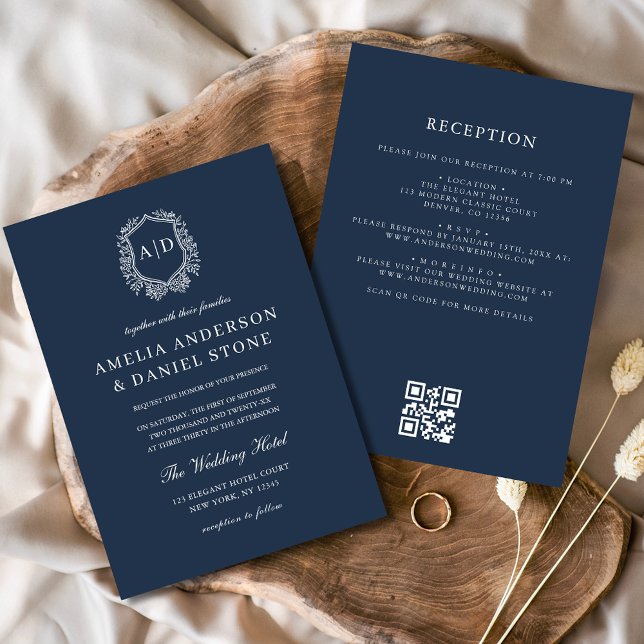 Convites Marinho Azul Floral Crest Monograma Casamento Códi (Criador carregado)