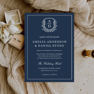 Convites Marinho Azul Floral Crest Monograma Casamento Eleg