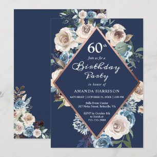 Convites Marinho Azul Floral Rosa Dourado 60º Aniversário