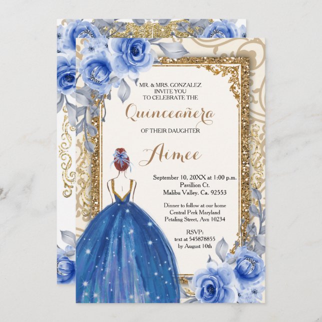 Convites Marinho Azul Flores Douradas Quinceanera  (Frente/Verso)