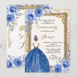 Convites Marinho Azul Flores Douradas Quinceanera 