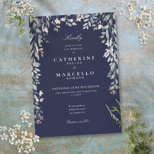 Convites Marinho Azul Flores Selvagens Casamento Floral Por