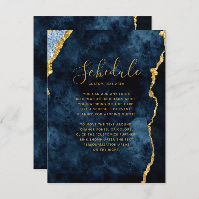 Convites Marinho Azul Folha de Ouro Agate Marble Schedule (Frente/Verso)