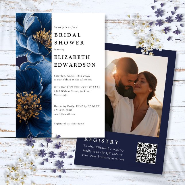 Convites Marinho Azul Foto Floral Chá de panela de Código Q (Navy Blue Floral Photo QR Code Bridal Shower Invitation)